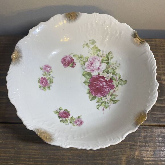 VTG Porcelain bowl red/pink roses 9” Shabby Chic Rare Gold Gilding - Picture 1 of 13